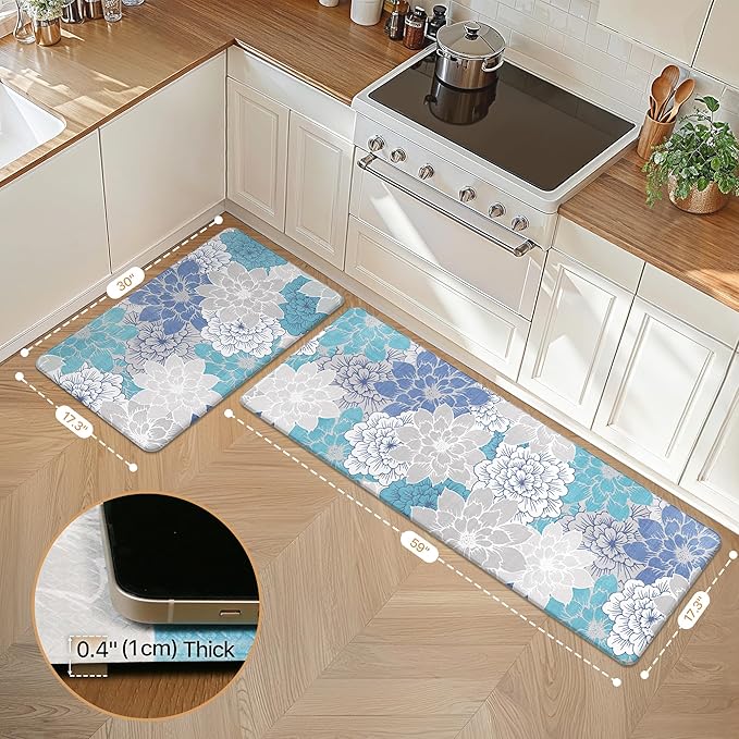 GENIMO Kitchen Mats for Floor, Kitchen Rugs Non Slip Washable Sets of 2, Waterproof Cushioned Anti Fatigue Mat, Floral Runner Rug for Laundry, Sink, Office, Home, 17.3"x59"+17.3"x30", Sky Blue