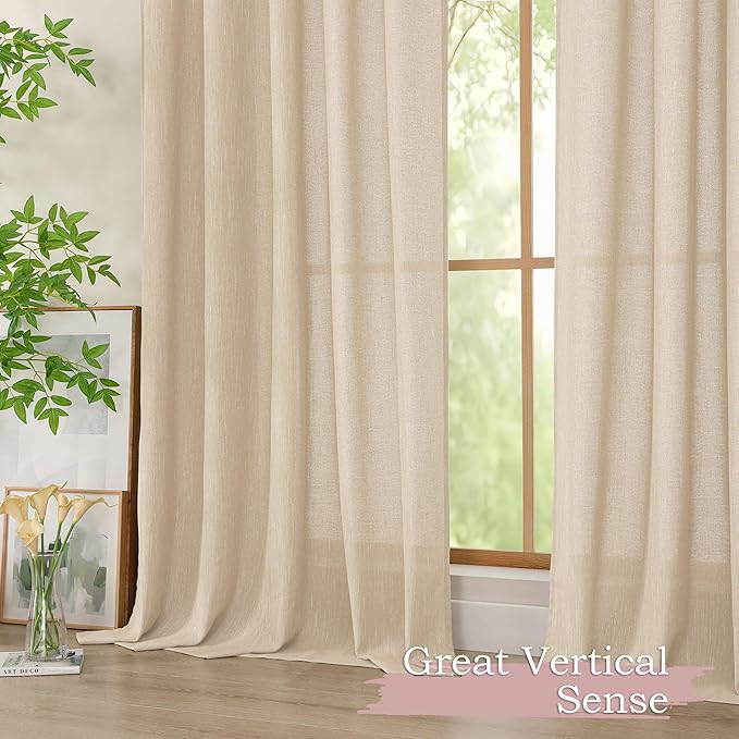 Simplebrand Natural Semi Sheer Faux Linen Textured Curtains 84 Inches Long 2 Panels, Light Filtering Farmhouse Bedroom Curtains, Farmhouse Rod Pocket Soft Thick Window Drapes for Living Room, 50Wx84L