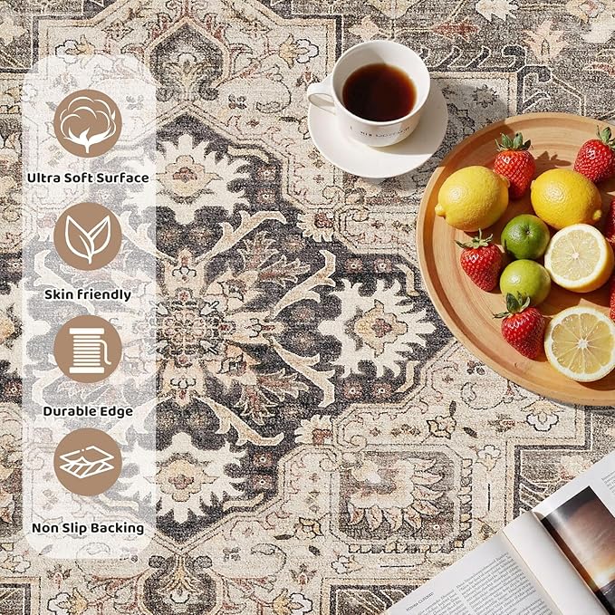 5ft Round Vintage Living Room Area Rug - 5x5 Large Soft Washable Oriental Traditional Distressed Farmhouse Rugs for Bedroom - Indoor Floor Accent Carpet for Home Office House Decor - Brown