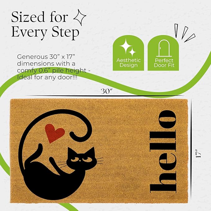 Coir Door Mats 17" X 30", Non-Slip Sturdy, PVC Backed Heavy Duty, Easy to Clean, Ideal for Door Entrance, Patio, Porch, Backyard, Garages, Love of Cats, A Hello