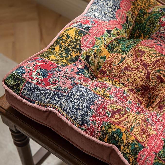 vctops Boho Paisley Chair Cushions with Ties Patchwork Square Soft Cozy Cotton Linen Chair Pads Non Slip Seat Cushions for Indoor Dining Room and Kitchen Chairs (Pink,16"x16")