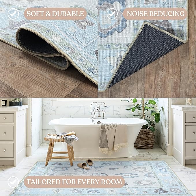 Fame Living Cream Blue Oushak Rug, Modern, Vintage, Turkish, Eclectic, Floral, Pastel, Washable, Area Rugs for Living Room, Dining, Bedroom, Nursery, Girls, Boys, 5'9"x8'9"