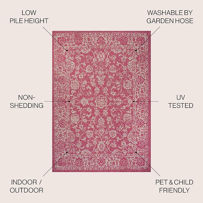 JONATHAN Y Weave Floral Indoor Outdoor Square Area Rug 5X5 Fuchsia/Light Gray, Tela Bohemian Textured for Backyard, Patio, Porch, Easy-Cleaning, High Traffic, Pet-Friendly, Non-Shedding (SMB100G-5SQ)