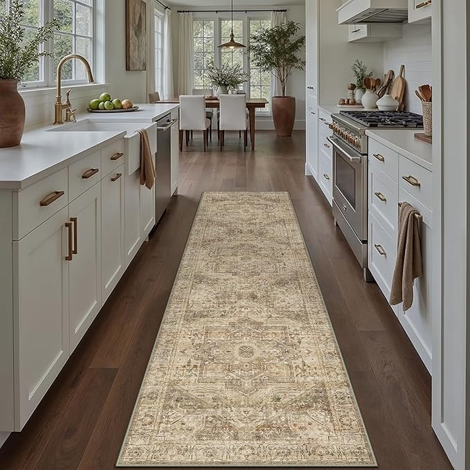 Brown Multi Hallway Runner Rug 3x10 Vintage Washable Distressed Area Carpet Kitchen Indoor Non Slip Long Traditional Medallion Retro Accent Throw Rug for Bedroom Laundry Dining Living Room