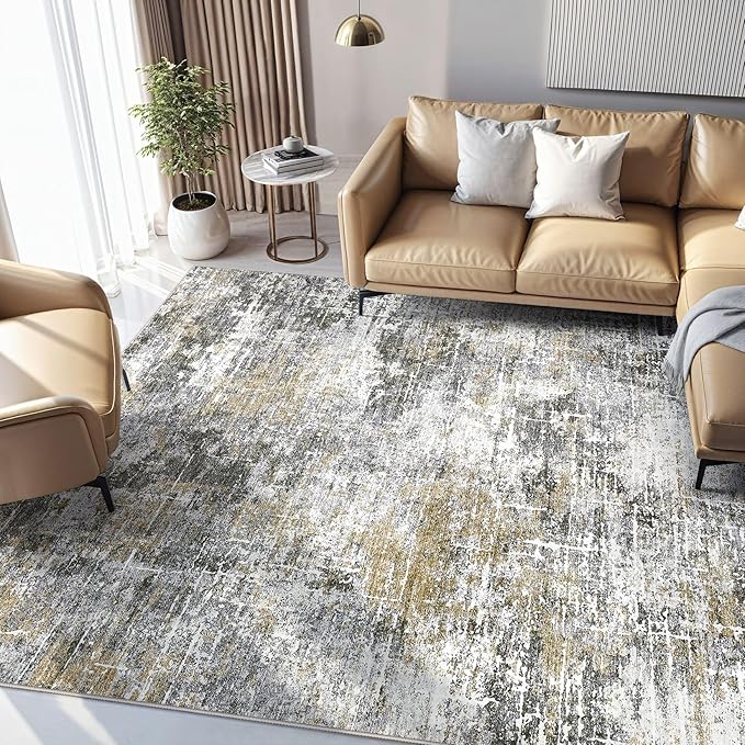 Abstract Living Room Rug 10x12 - Modern Washable Soft Thin Area Rug for Living Room Bedroom Under Dining Table - Neutral Indoor Floor Rug Carpets for Home Office Playroom Nursery - Black Gold