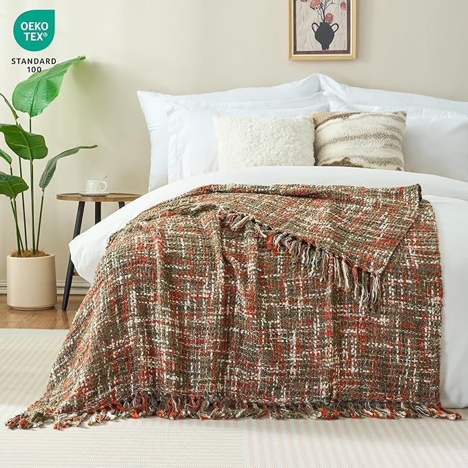 Multi-Color Orange Cable Knitted Throw Blanket for Couch,50"X60" Boho Style Textured Blankets for Home Decor,Super Soft Warm Cozy Chunky Knit Blanket with Decorative Tassels for Bed and Sofa