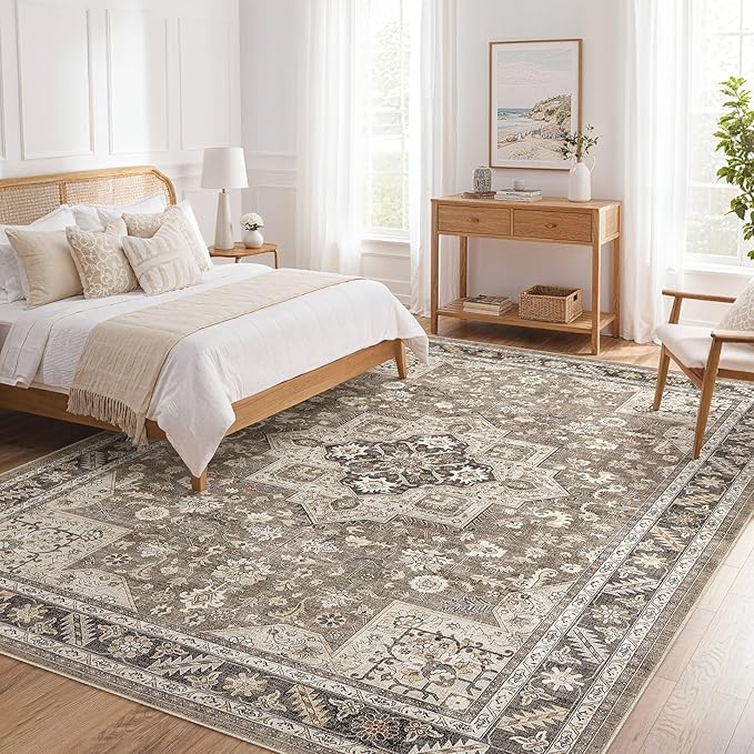 Vintage Living Room Area Rug 9x12 - Large Soft Washable Oriental Traditional Distressed Farmhouse Rugs for Bedroom - Indoor Floor Accent Carpet for Home Office House Decor - Brown