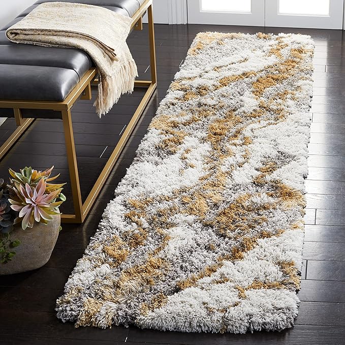 SAFAVIEH Horizon Shag Collection Runner Rug - 2' x 11', Grey & Gold, Modern Abstract Design, Non-Shedding & Easy Care, 2.6-inch Thick Ideal for High Traffic Areas in Living Room, Bedroom (HZN890D)