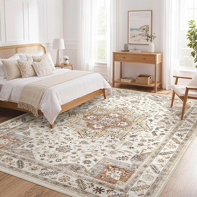 Vintage Living Room Area Rug 10x12 - Large Soft Washable Oriental Traditional Distressed Farmhouse Rugs for Bedroom - Indoor Floor Accent Carpet for Home Office House Decor - Golden Taupe