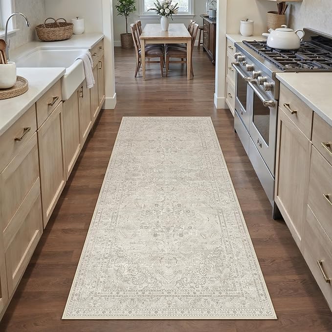 Beige 2x6 Runner Rug Washable Vintage Long Carpet for Hallway Kitchen Soft Retro Floral Low Pile Indoor Runner Non Slip Central Medallion Throw Rug for Bathroom Bedroom Laundry Dining Room