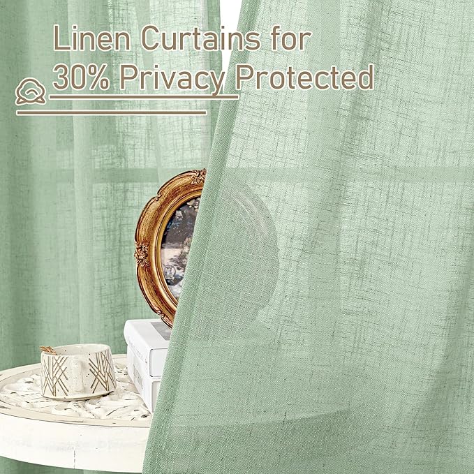 LAMIT Linen Curtains 90 Inch for Living Room, Back Tab and Rod Pocket Linen Textured Farmhouse Curtains Light Filtering Drapes for Bedroom/Dining Room, Fresh Green, Set of 2, 52 x 90 Inch