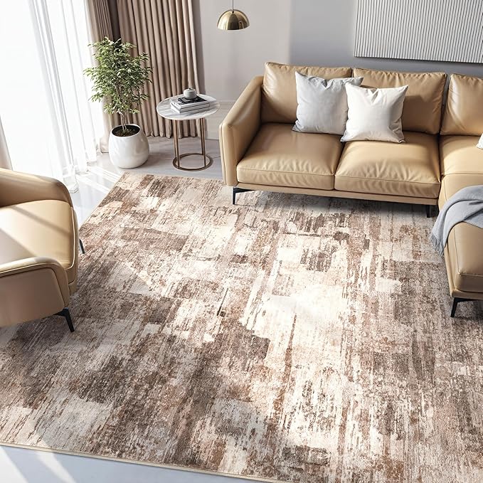 Abstract Living Room Rug 10x12 - Modern Washable Soft Thin Area Rug for Living Room Bedroom Under Dining Table - Neutral Indoor Floor Rug Carpets for Home Office Playroom Nursery - Brown