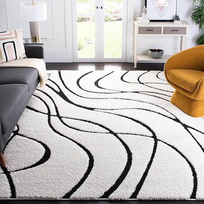 SAFAVIEH Florida Shag Collection Area Rug - 11' Square, Ivory & Black, Non-Shedding & Easy Cleaning, Plush Thick Pile, Ideal for Living Room, Bedroom, Dining Space (SG471-1290)
