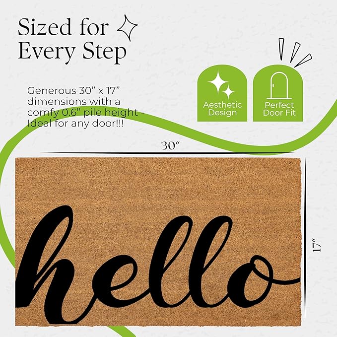 Coir Door Mats 17" X 30", Non-Slip Sturdy, PVC Backed Heavy Duty, Easy to Clean, Ideal for Door Entrance, Patio, Porch, Backyard, Garages, Drop-in to say a Hello!