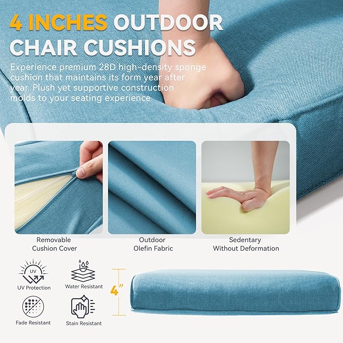 Patio Cushions for Outdoor Furniture - 22" x 25" x 4" UV Resistant Thick Foam Cushions Water Resistant Replacement Cushion for Outdoor Patio Furniture Chair/Sofa/Couch | Light Blue | 6-Pack |