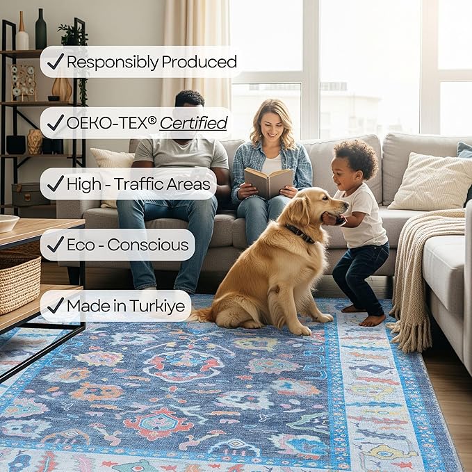 Fame Rugs Blue Modern Oushak Rug 2'6"x10, Vintage Turkish Colorful Oriental Antique Inspired Foldable Long Washable Runner Rugs, Luxury Living Room Bedroom (387BNB, 2'6" x 10')