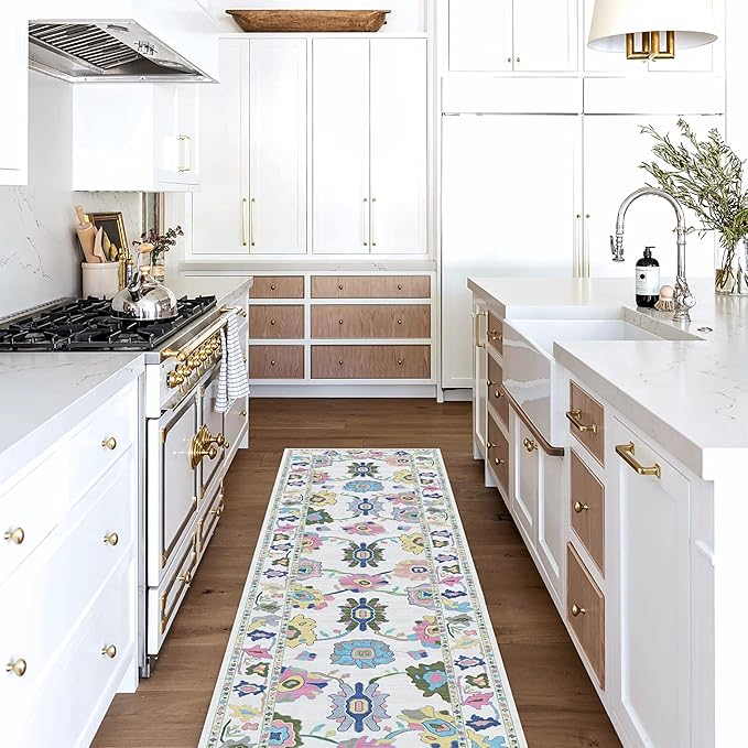 Fame Living Colorful Oushak Runner Rug, Modern Runners, Turkish, Eclectic, Floral, Pastel, Washable, Small Throw Rugs, Short Runner for Hallway, Entryway, Foyer, Bedroom, Kitchen, Bathroom, 2'5"x6'5"