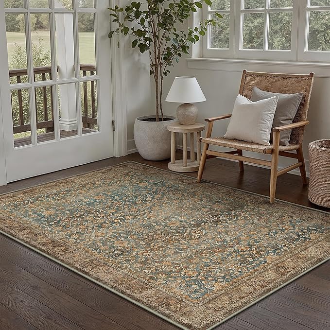 Area Rug 4x6 Entryway Office Washable Vintage Carpet Non Slip Indoor Kitchen Door Mat Retro Traditional Accent Throw Small Rug Brick Red for Bathroom Bedroom Dining Living Room