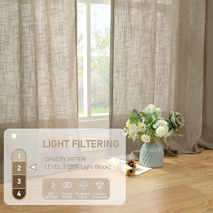 LAMIT Linen Curtains for Living Room 84 inch Length 2 Panels, Light Filtering Semi Sheer Curtains Back Tab and Rod Pocket Farmhouse Drapes for Bedroom/Sliding Glass Door, Taupe, 52 x 84 Inch