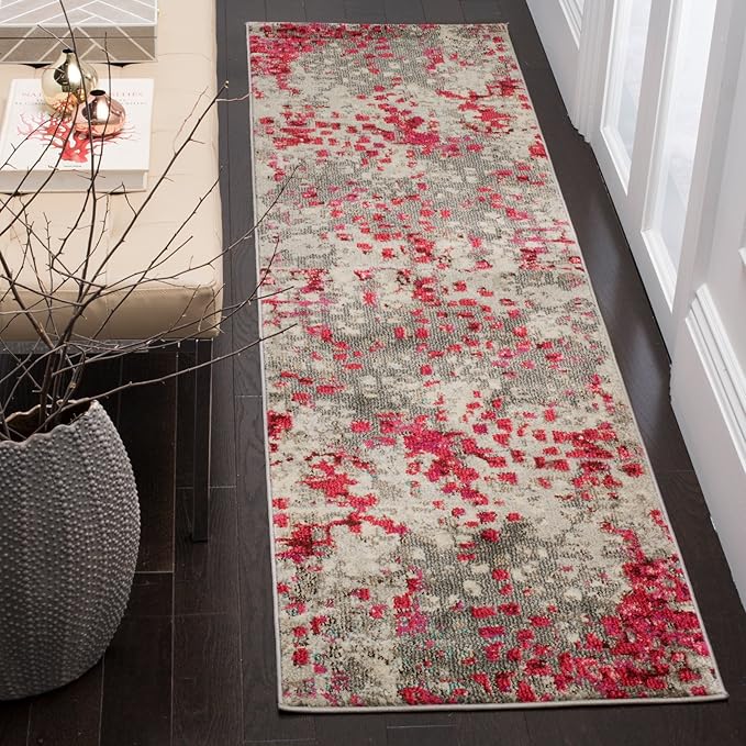 SAFAVIEH Monaco Collection Area Rug - 3' Round, Pink & Multi, Boho Chic Abstract Watercolor Design, Non-Shedding & Easy Care, Ideal for High Traffic Areas in Living Room, Bedroom (MNC225D)