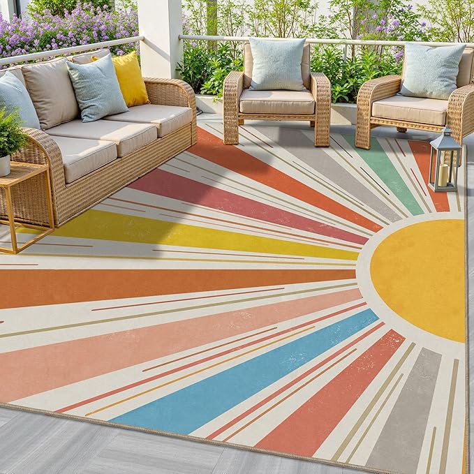 Multicolored Outdoor Indoor Area Rug Boho Sun Rainbow Washable Outdoor 8x10 Patio Rugs Medieval Aesthetic Vintage Abstract Art Non-Slip Carpet for Living Room, Patio, Porch, Pool Deck (8x10)