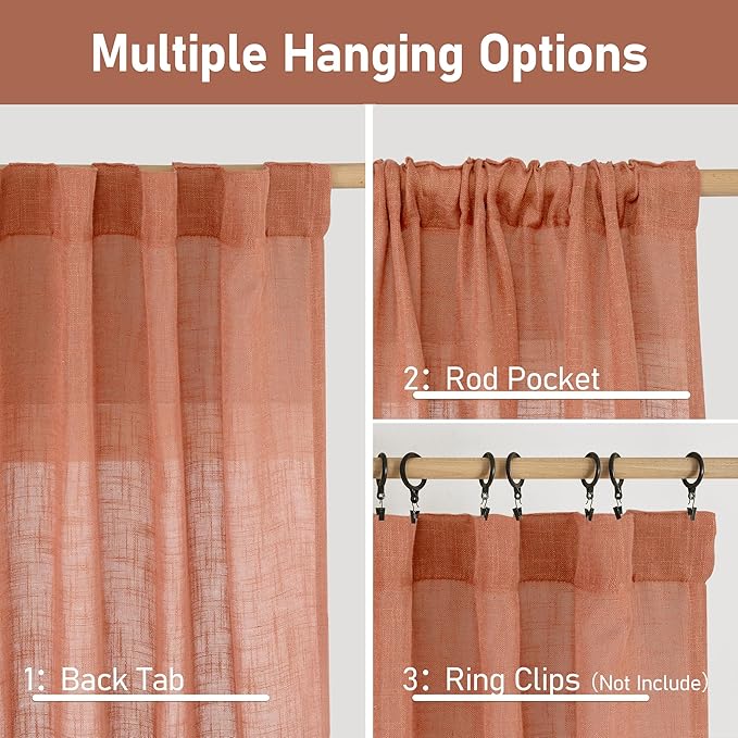 LAMIT Terracotta 72 inch Linen Curtains for Living Room 2 Panels, Linen Textured Light Filtering Semi Sheer Back Tab and Rod Pocket Window Curtain Panels for Bedroom/Farmhouse, 52 x 72 Inch