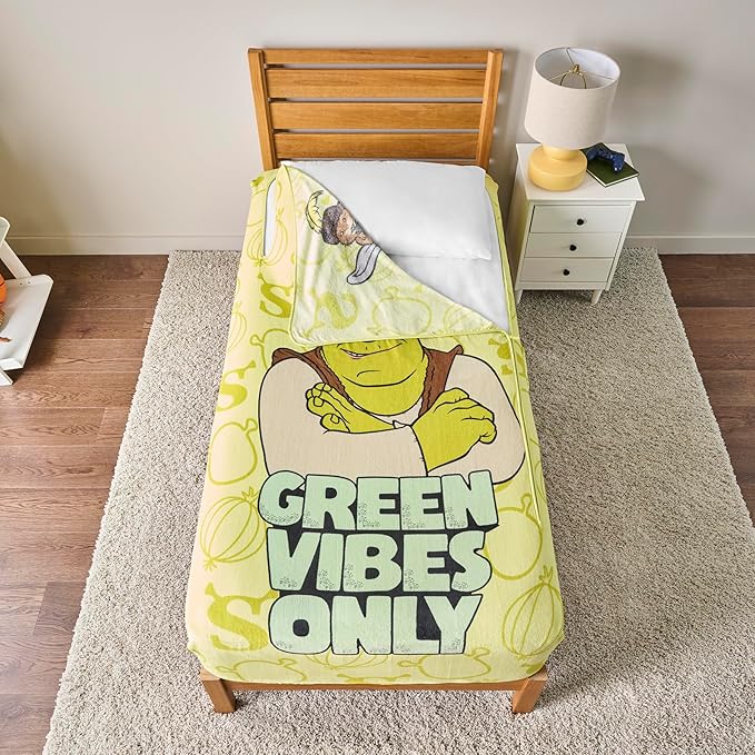 ZippySack Twin Bed Zip-Up Bedding – Super Soft Fleece Fitted Blanket with Side Pocket & Durable Zipper – Easy Bed-Making for Kids (Shrek)