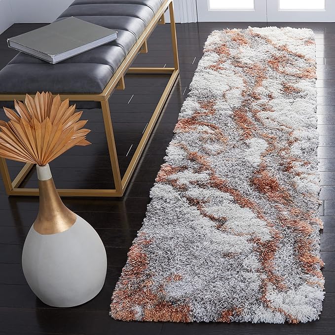 SAFAVIEH Horizon Shag Collection Runner Rug - 2' x 13', Grey & Rust, Modern Abstract Design, Non-Shedding & Easy Care, 2-inch Thick Ideal for High Traffic Areas in Living Room, Bedroom (HZN890P)