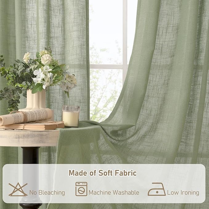 LAMIT 95 Inches Long Sage Green Linen Curtains for Living Room, Back Tab and Rod Pocket Linen Textured Curtains Light Filtering Boho Drapes for Bedroom/Dining Room, Set of 2, 52 x 95 Inch