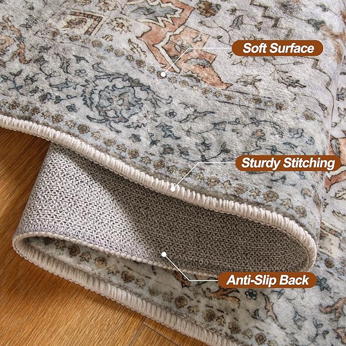 Tangsoo 3x5 Bedroom Rug, Washable Vintage Indoor, Area Rug Non Slip Accent Rug, Print Distressed Grey Carpet, Soft Low Pile for Living Room Dorm Bedroom Bedside Entryway Bathroom