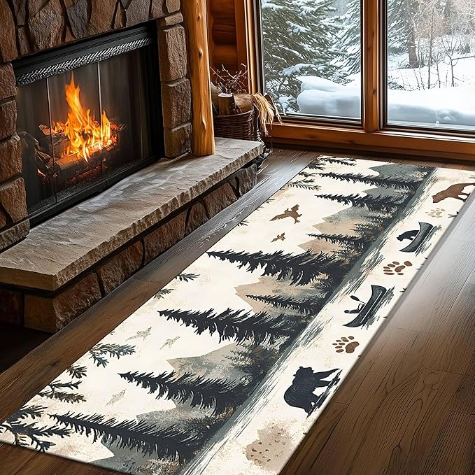 Retro Bear Claw Mountain Runner Rug 2.6x7ft with Elk Cabin - Non-Slip Bohemian Rug, Washable Floor Mat for Balcony Corridor, River Landscape Art