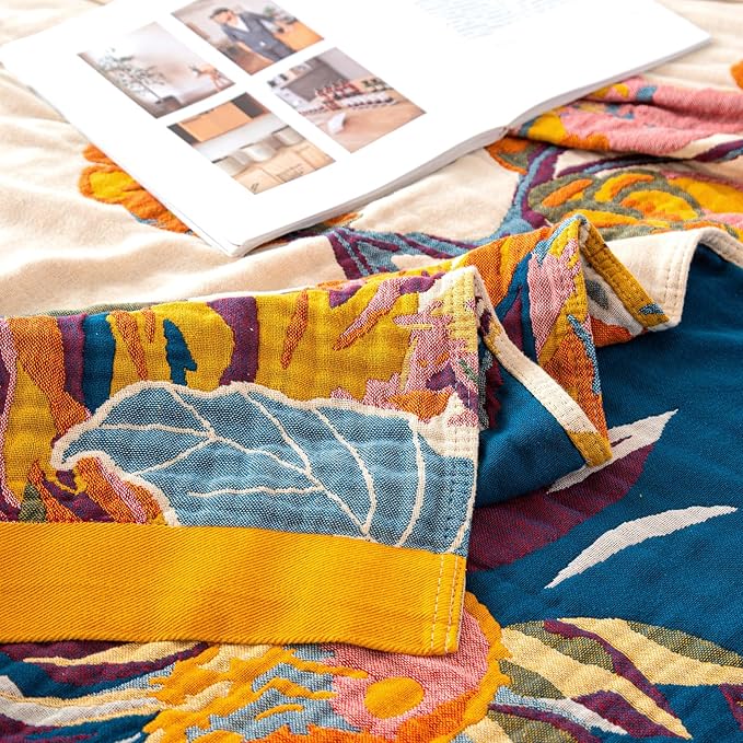 MSGKV Boho Throw Blanket for Couch 100% Cotton Throw Floral Bed Blanket 80''x90'',Cotton Quilts Travel Knitted Muslin Blanket Home Decor Cozy Blankets for Women