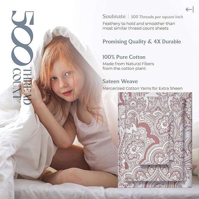 Mayfair Linen 100% Cotton Printed Bed Sheets King Size Set - 500 Thread Count Cotton Sheets for King Size Bed, 4 PC Set (Paisley Print), Soft, Cooling, Sateen Hotel Quality 16" Deep Pocket Bedsheet