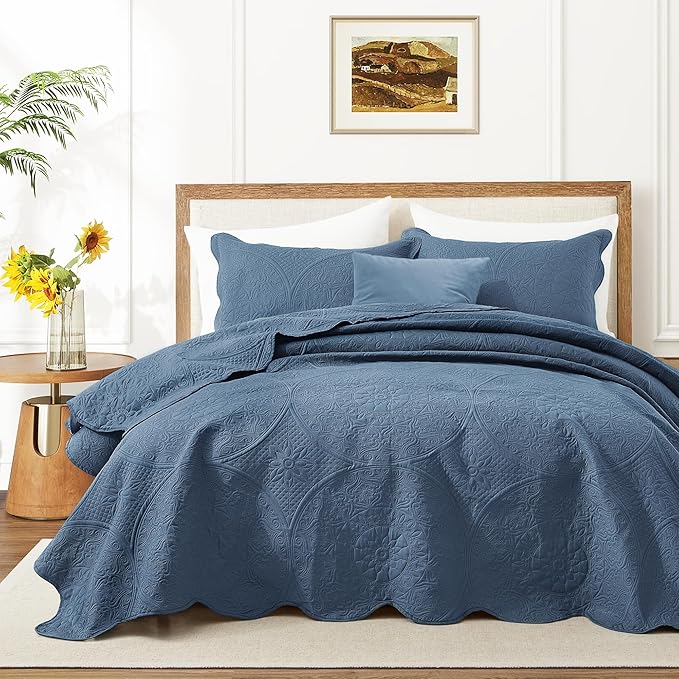 IR Imperial Rooms King Quilt Bedding Set Size (106" x 96") + 2 Pillow Shams (20" x 36"+ 2") - 3 Pcs All Season Lightweight Reversible Microfiber Coverlet Floral Embossed Quilt Bedspread (Light Blue)