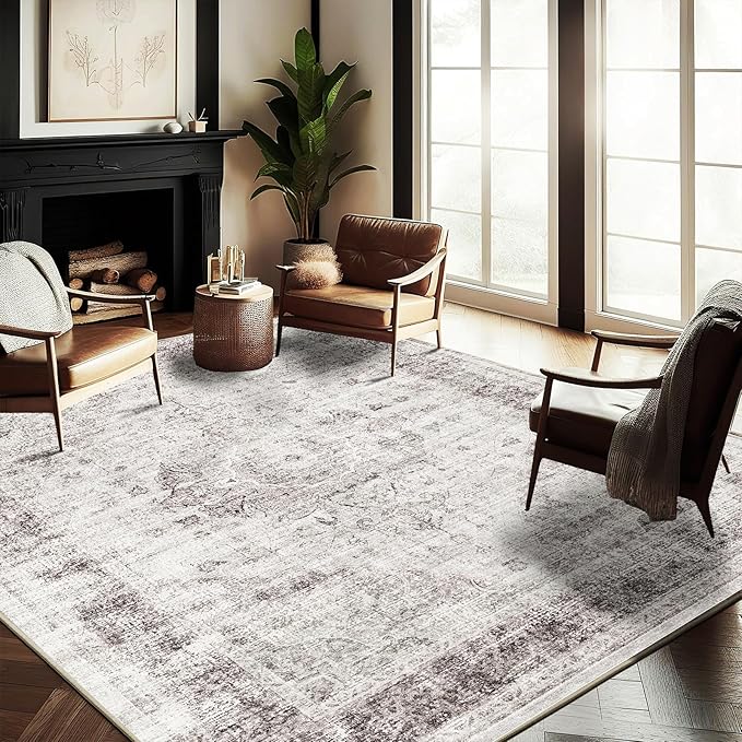 Washable Area Rug 9'x12' Floral red Boho Design Non-Shedding Easy Care Ideal for High Traffic Areas in Living Room Bedroom Office Coffee Table Kitchen Large Carpet
