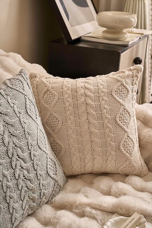 DOKOT Knit Throw Pillow Cover Decorative Cable Braid and Diamond Knitting Square Warm Cushion Cover (Beige, (18x18 inches(45x45cm))