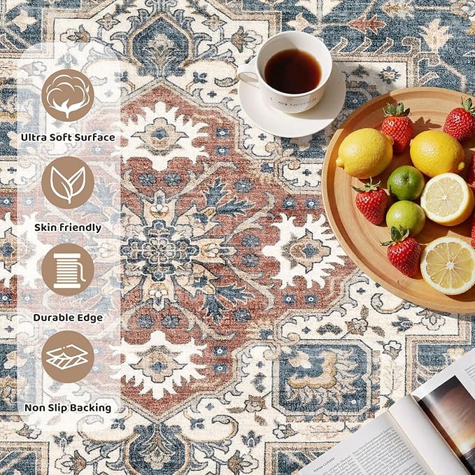 8ft Round Vintage Living Room Area Rug - 8x8 Large Soft Washable Oriental Traditional Distressed Farmhouse Rugs for Bedroom - Indoor Floor Accent Carpet for Home Office House Decor - Vintage Blue