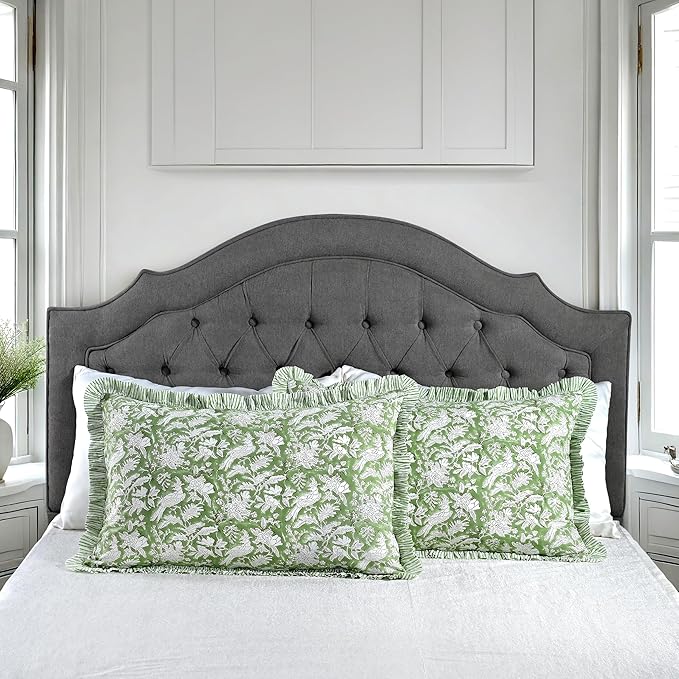 CPC Olive Green 100% Cotton Block Print Ruffle Sham Cover 20X30 inch Pack of 2, Handmade Boho Floral Pillowcase, Soft Decorative Queen Bed Pillow Cover for Bedroom Décor