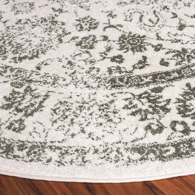 SAFAVIEH Adirondack Collection Area Rug - 6' Round, Ivory & Dark Green, Distressed Vintage Floral Design, Non-Shedding & Easy to Clean, Ideal for Living Room, Bedroom, Dining Space (ADR109X)