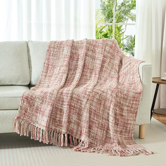 Multi-Color Light Pink Cable Knitted Throw Blanket for Couch,50"X60" Boho Style Textured Blankets for Home Decor,Super Soft Warm Cozy Chunky Knit Blanket with Decorative Tassels for Bed