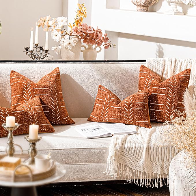 BlissBlush Fall Brick Red Decorative Lumbar Throw Pillow Covers 12X20, Set of 2, Rust Boho Farmhouse Cushion Cover, Soft Accent Pillowcase for Couch Sofa Bed Living Room Home Décor