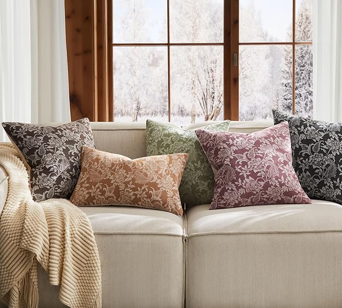 Floral Jacquard Throw Pillow Covers Set of 2, Background/Caramal 24x24 Inch, Farmhouse Decorative Cotton Caramal Cushion Covers for Sofa Bed Living Room Home Decor