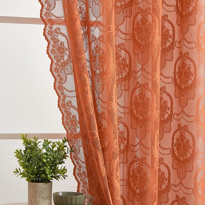 Burnt Orange Lace French Delicacy Curtains 96 Inches Long -Rod Pocket Luxury Vintage Bow Butterfly Sheer Flower Lace Curtains for Living Room Bedroom，52 x 96 Inch, 2 Panels