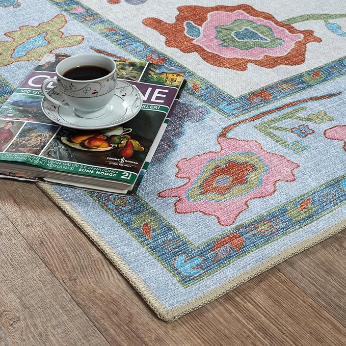 Fame Living Colorful Oushak Rug, Modern, Vintage, Turkish, Eclectic, Floral, Pastel, Washable, Area Rugs for Living Room, Dining, Bedroom, Office, Entryway, Foyer, Playroom, Nursery, 5'x6'9"