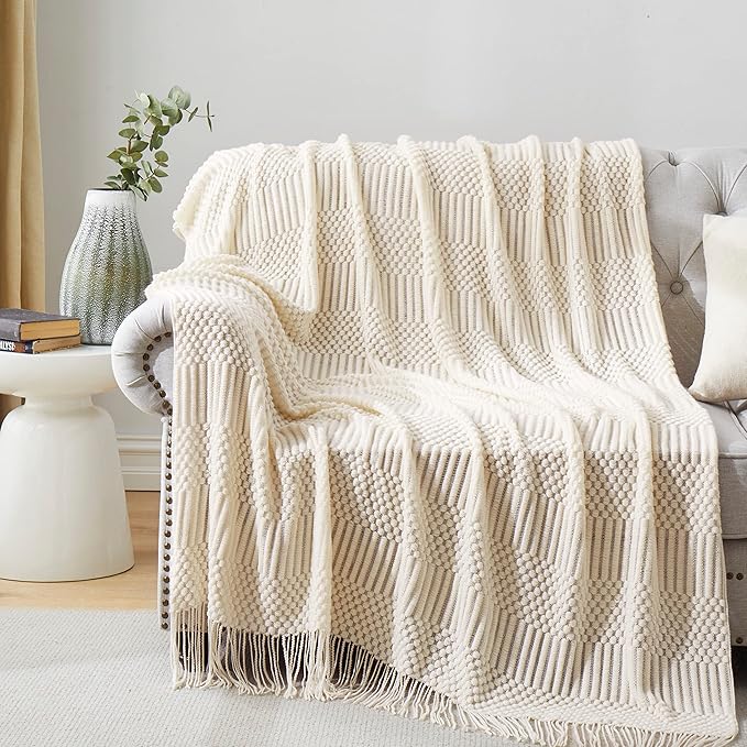 Off White Knitted Throw Blankets for Couch, Bedroom and Officeroom,Textured Fade Resistant Soft and Warm Decorative Knitted Blankets with Tassel,50"x60"
