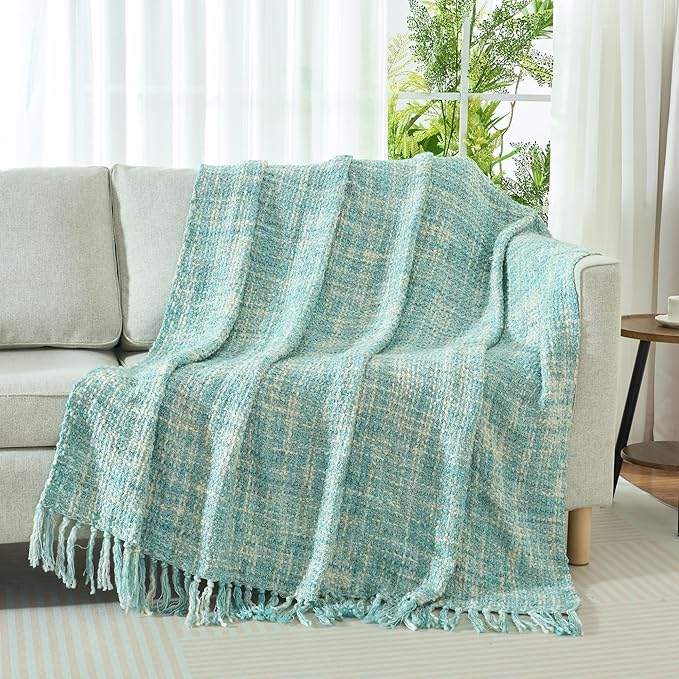 Multi-Color Turquoise Cable Knitted Throw Blanket for Couch,60"X80" Boho Style Textured Blankets for Home Decor,Super Soft Warm Cozy Chunky Knit Blanket with Decorative Tassels for Bed