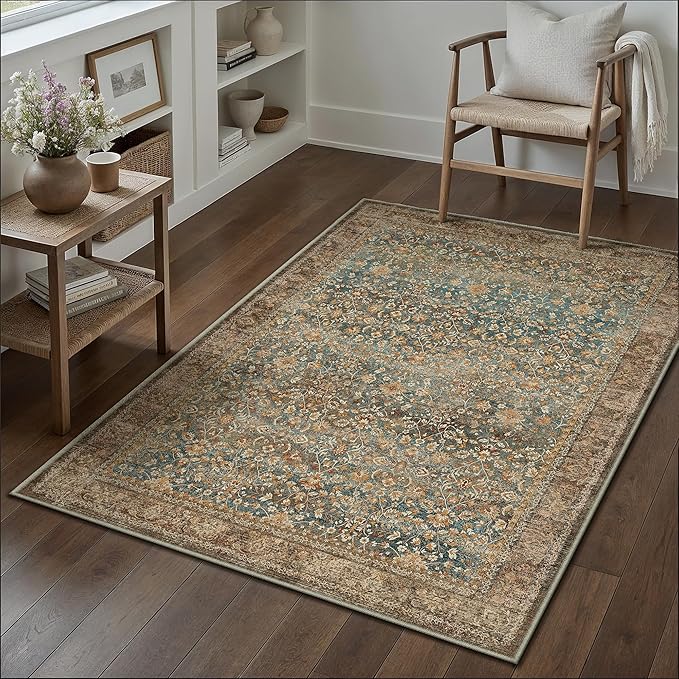 Area Rug 4x6 Entryway Office Washable Vintage Carpet Non Slip Indoor Kitchen Door Mat Retro Traditional Accent Throw Small Rug Brick Red for Bathroom Bedroom Dining Living Room