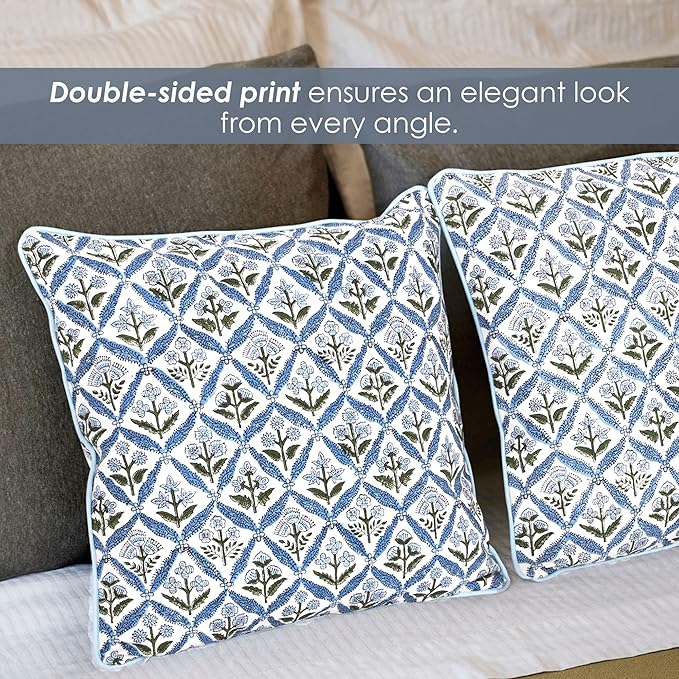 SheetKart Cotton Throw Pillow Covers - Set of 2 - Hand Block Cotton Printed Boho Decorative Pillow Covers - Cushion Covers for Living Room, Bohemian Theme, 19x19 Inches, Floral Blue