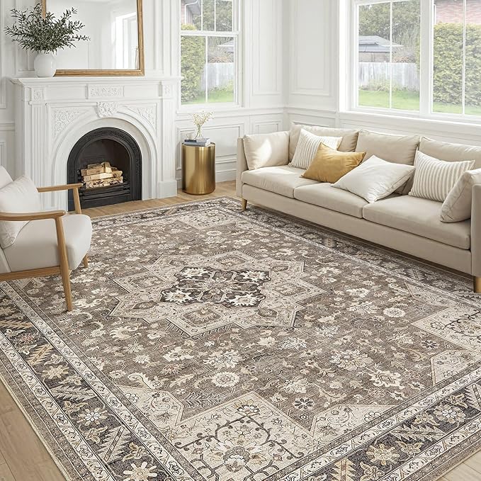 Vintage Living Room Area Rug 5x7 - Large Soft Washable Oriental Traditional Distressed Farmhouse Rugs for Bedroom - Indoor Floor Accent Carpet for Home Office House Decor - Brown