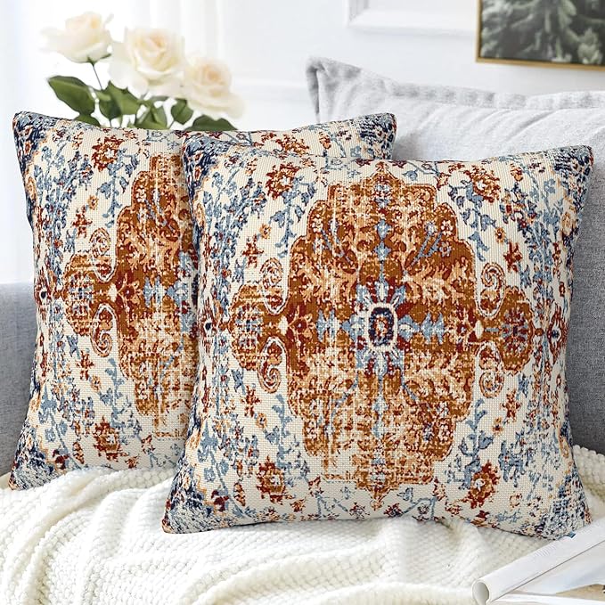 Ethnic Boho Throw Pillow Covers Set of 2 Rug Boho Style Ethnic Design Pillow Covers 20x20 Inch Modern Farmhouse Home Decorative Pillow Cases Cushion Cover for Sofa Living Room Office